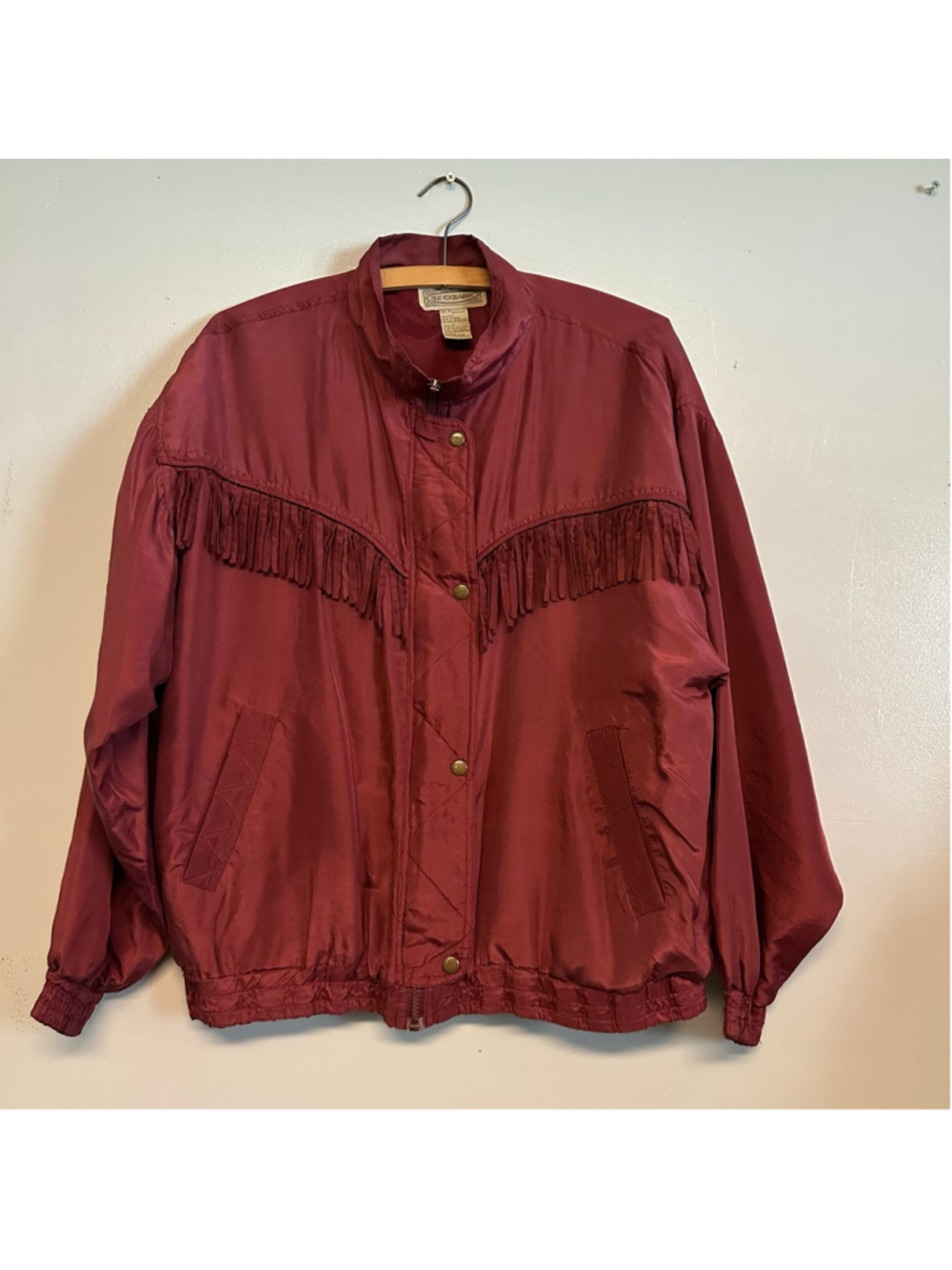 Silk Exchange Vintage Western Fringe Bomber Jacket 100% Silk Burgundy Medium